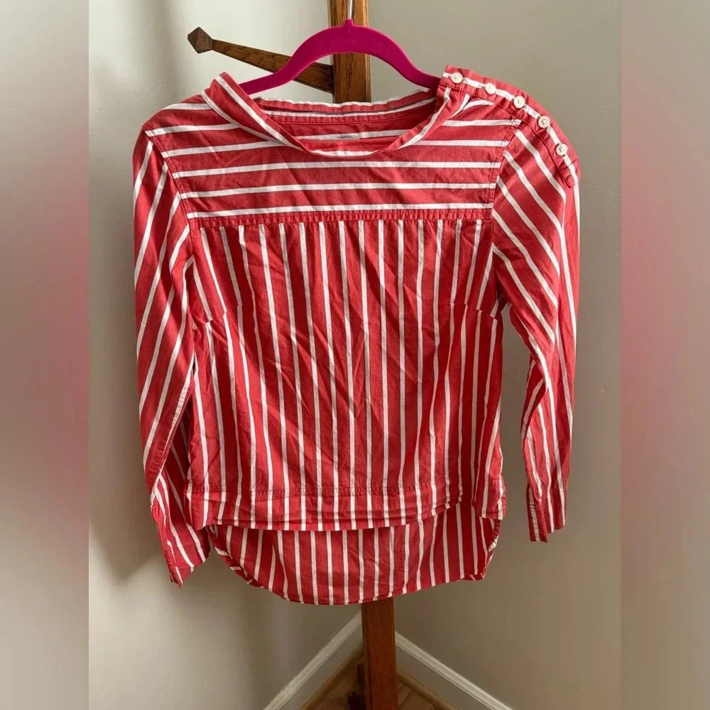 J Crew Size 0 Red & White Striped Preppy Cotton Long Sleeve Blouse